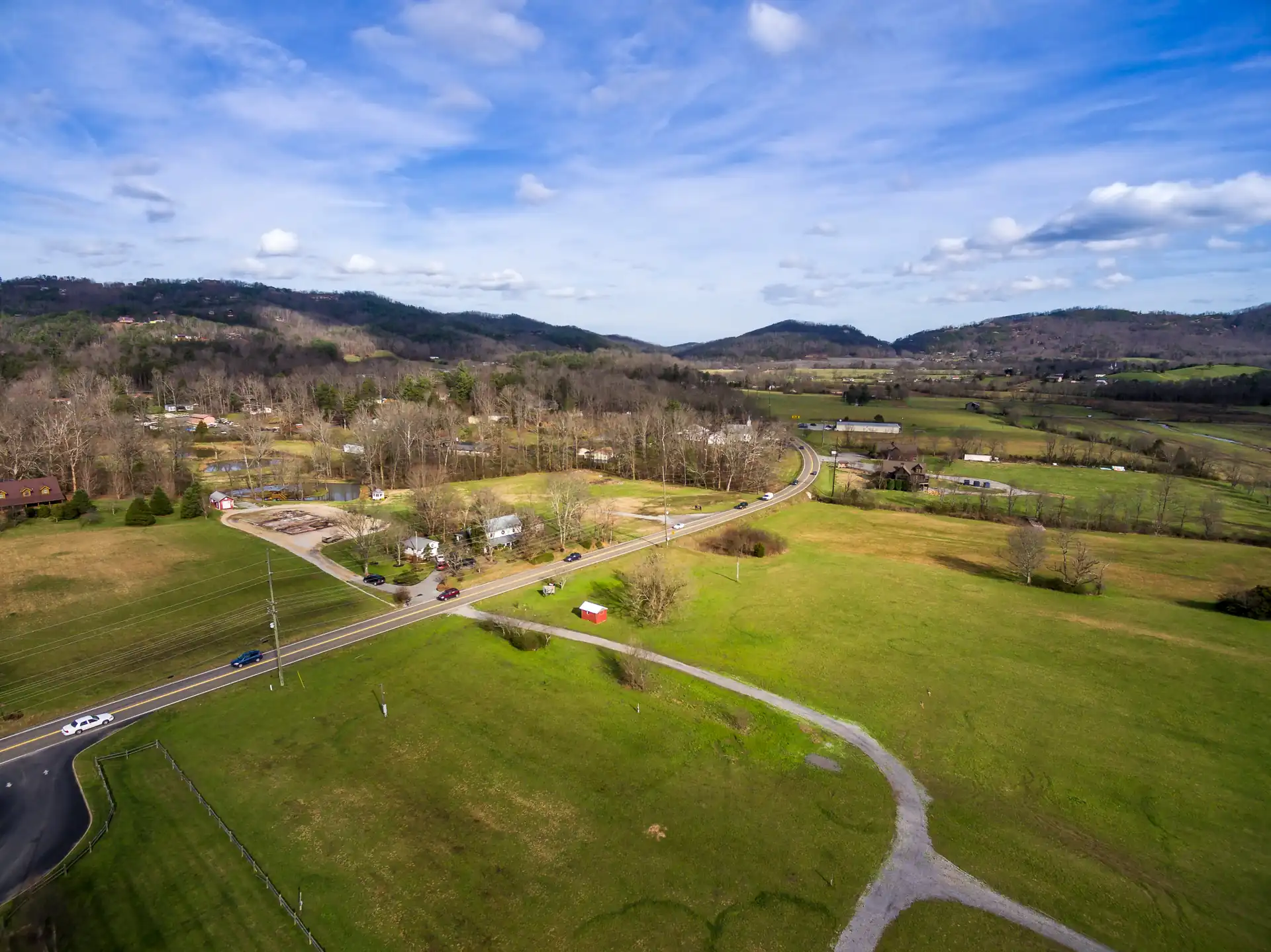 Aerial view of Townsend, Tennessee beside the Smoky Mountains driving trails