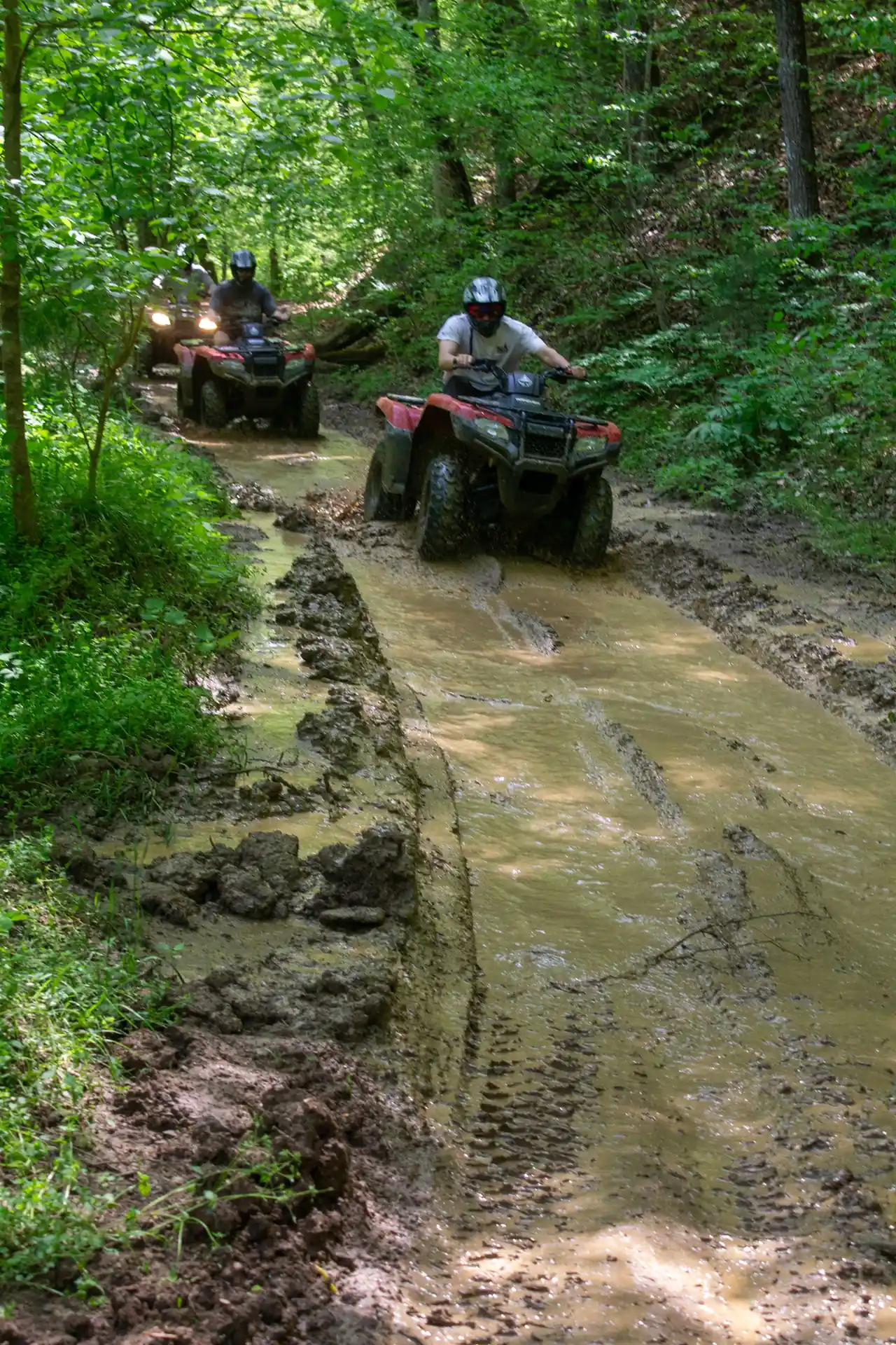 Group of ATV riders navigating a muddy wooded trail