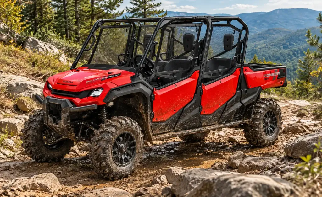 Honda Pioneer 1000-6 Deluxe Crew six-seat side-by-side in red