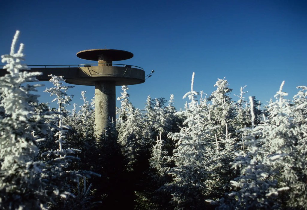 Snow-covered Clingmans Dome, a scenic backdrop for a winter Gatlinburg UTV adventure