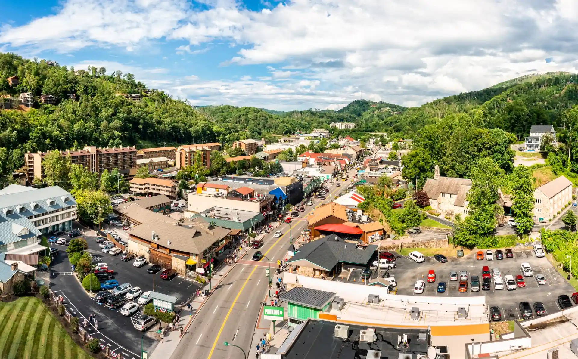 Aerial view of downtown Gatlinburg, a top spring break destination for families