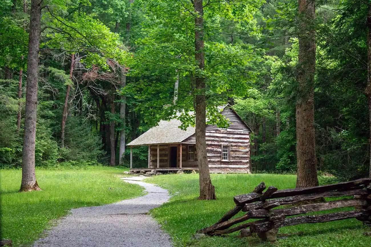 Historic log cabin along the Cades Cove Loop Road