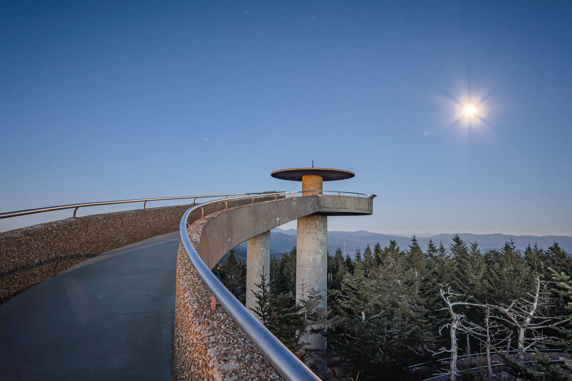 Clingmans Dome observation tower under moonlight along a scenic Gatlinburg drive
