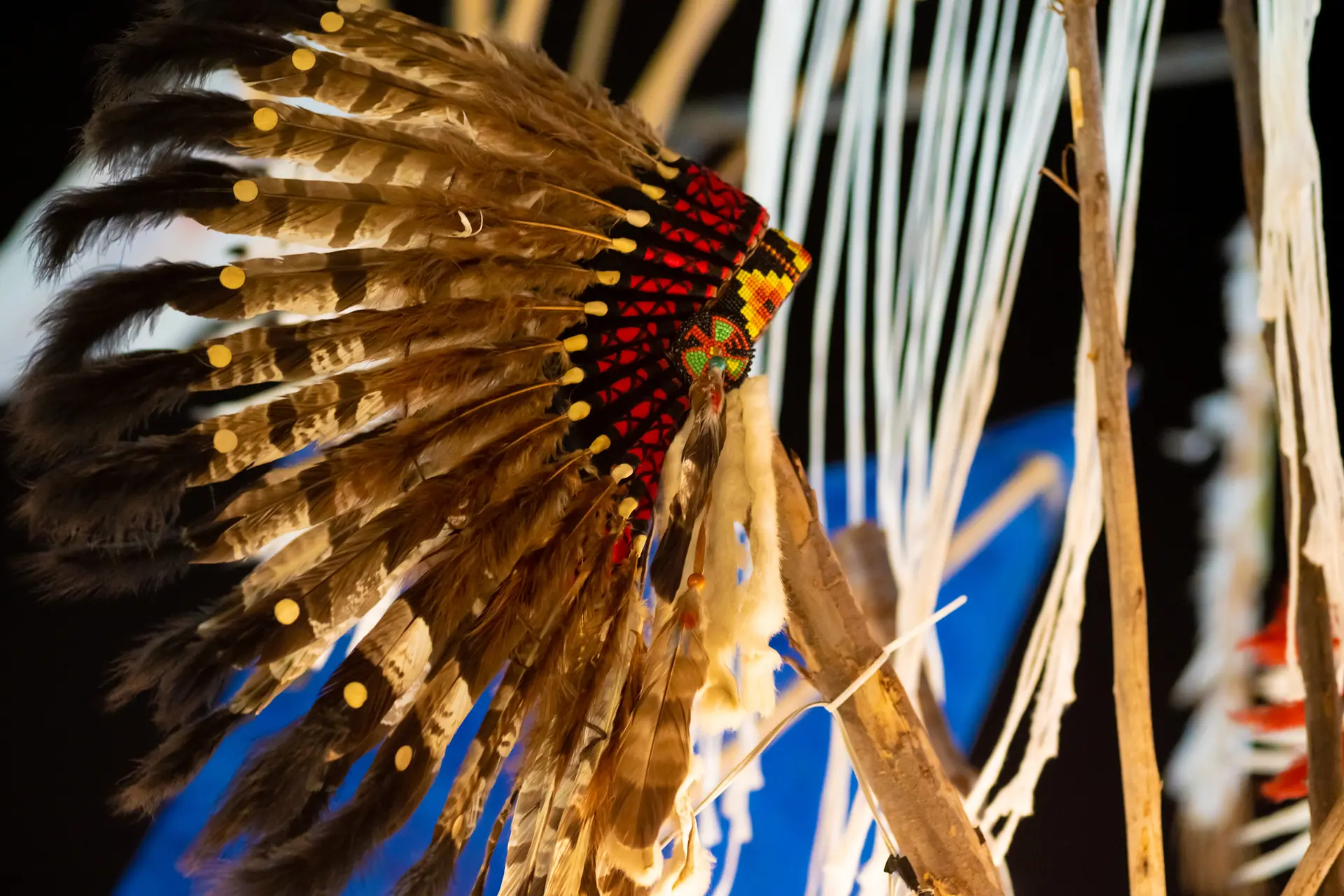Close-up of a traditional Native American feathered headdress on display